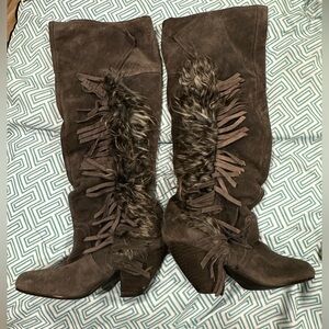 Fringe and Faux Fur Knee High Boots